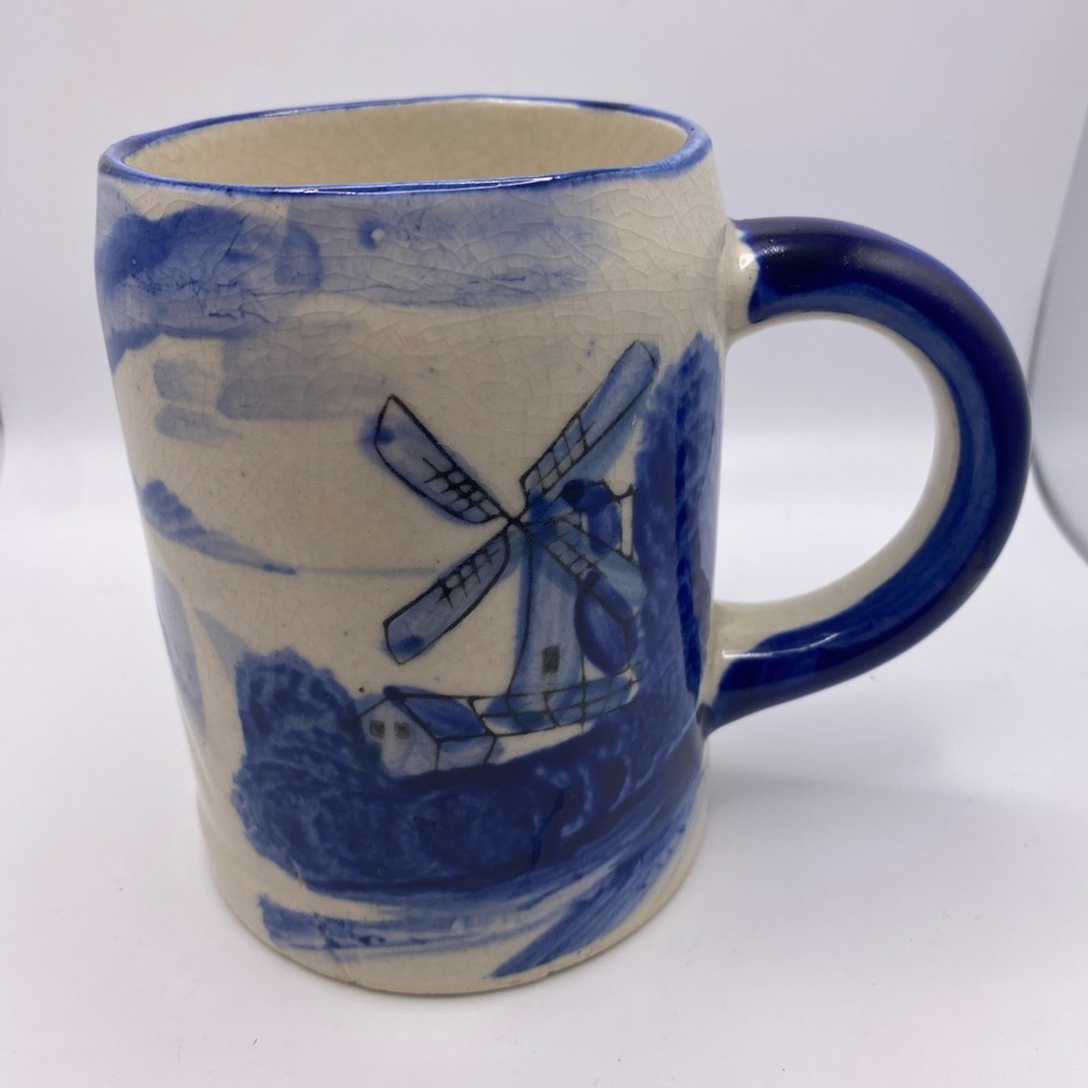 Vintage Blue and White Hand Painted Windmill Design Coffee Cup Mug